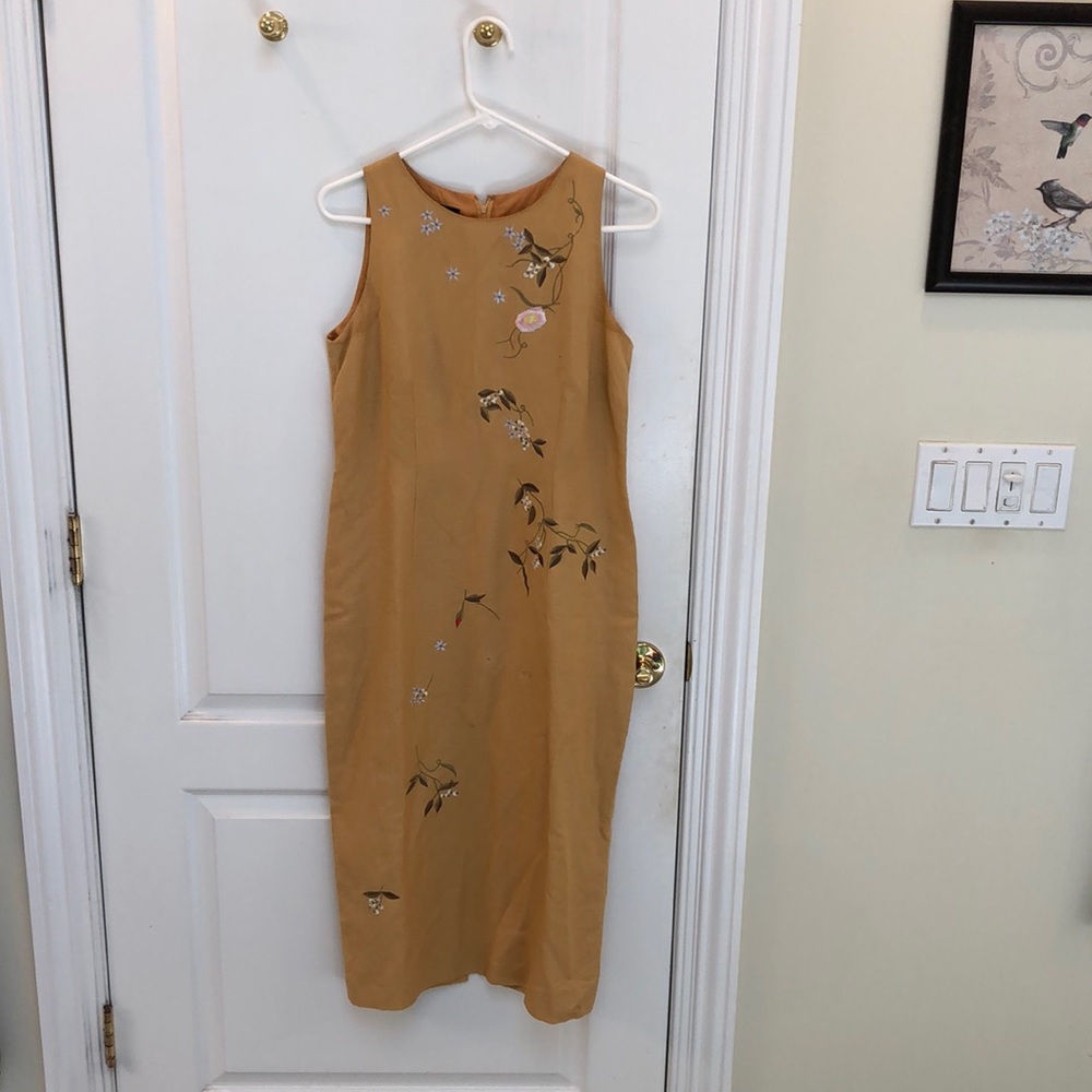 Mustard yellow dress with embroidered flowers